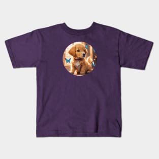 Cute Golden Retriever Puppy Playing With Butterflies Kids T-Shirt